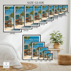 Wall art poster size guide showing Anna Maria Island Florida beach print in various frame sizes, displayed above a bed and next to a plant for home decor inspiration.