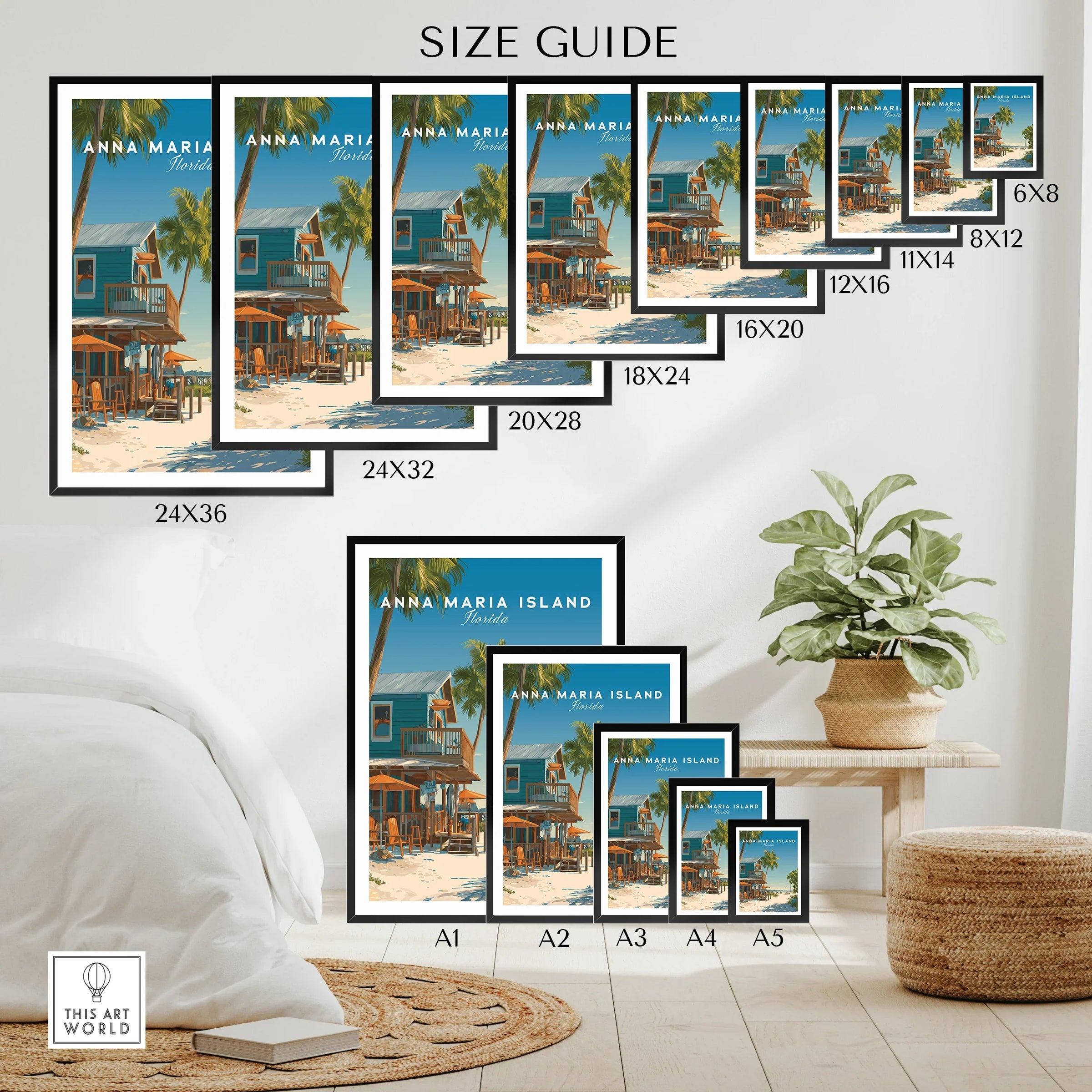 Wall art poster size guide showing Anna Maria Island Florida beach print in various frame sizes, displayed above a bed and next to a plant for home decor inspiration.