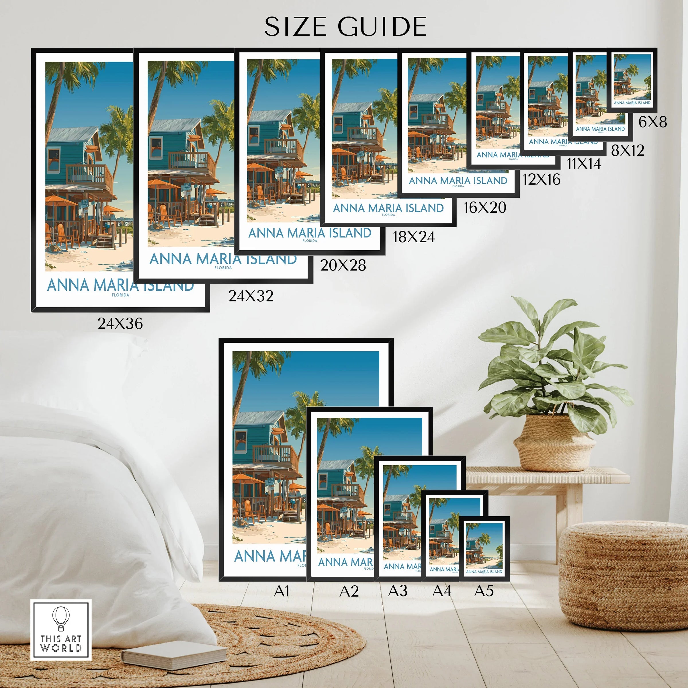 Anna Maria Island travel poster size guide with beach house wall art in various frame sizes.