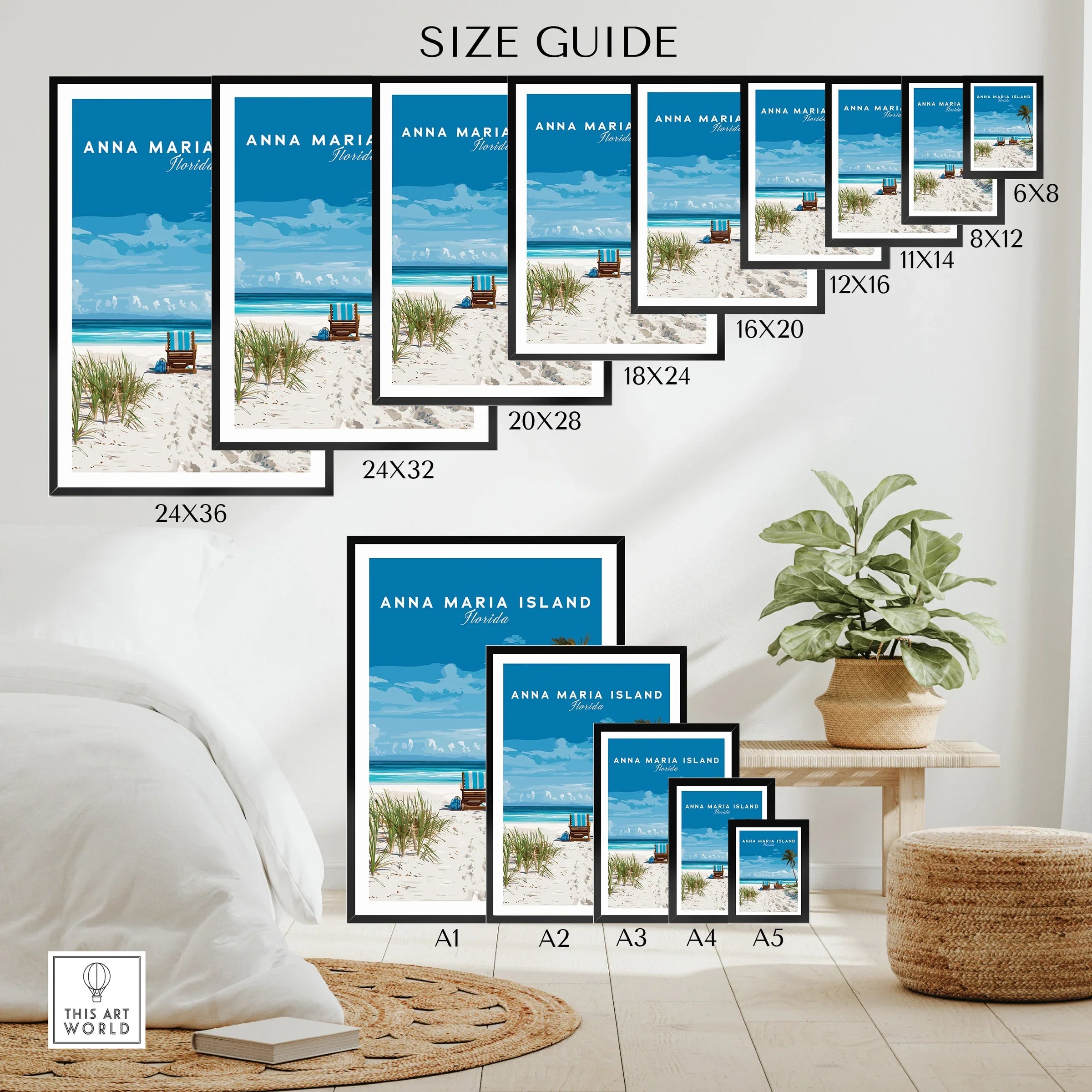 Wall art poster size guide featuring Anna Maria Island Florida beach print in various frame sizes.
