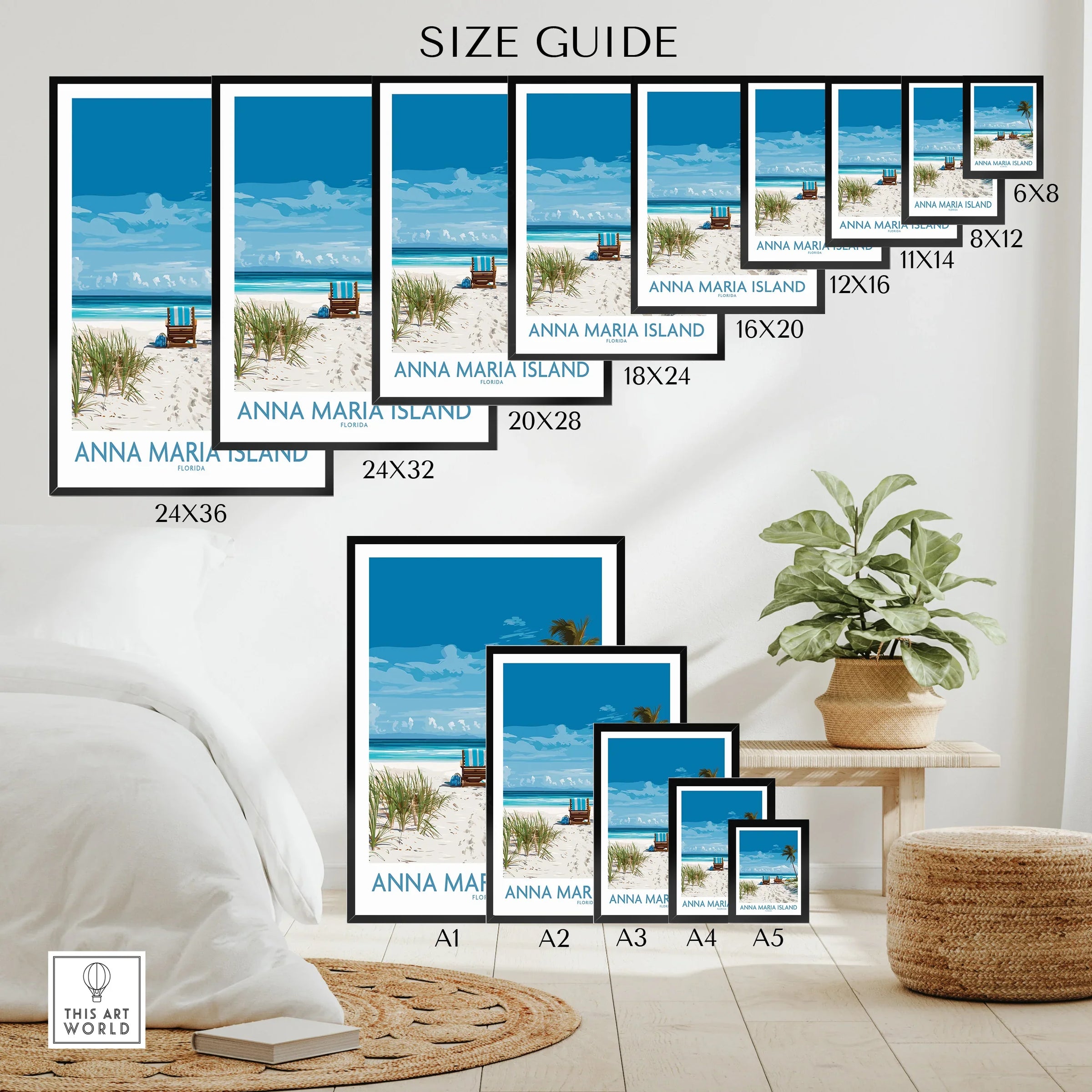 Anna Maria Island beach wall art poster size guide displayed in cozy home decor setting