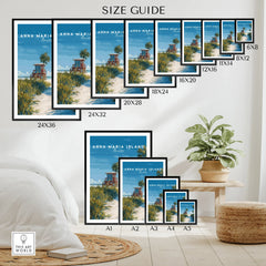 Anna Maria Island Florida beach wall art poster size guide with various print sizes displayed in a modern room.