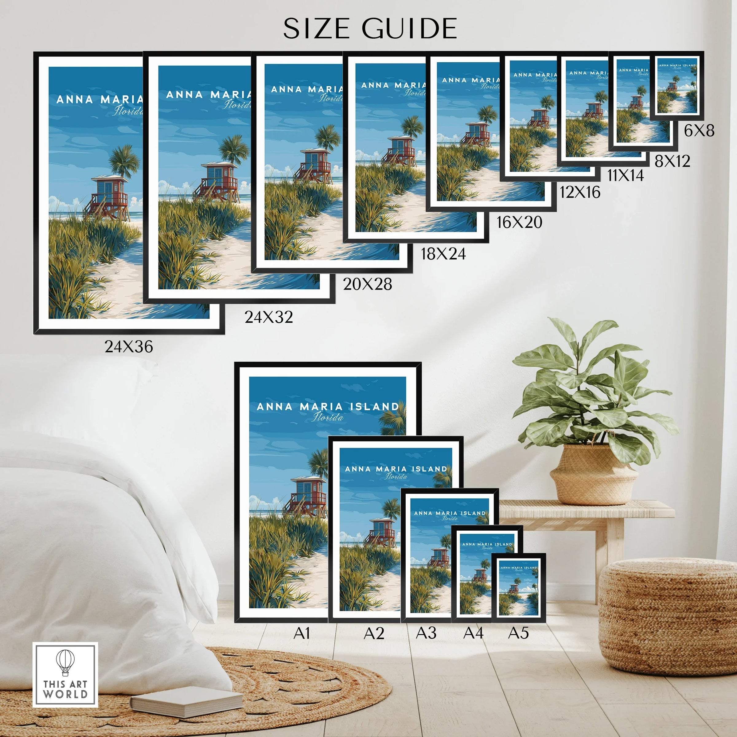 Anna Maria Island Florida beach wall art poster size guide with various print sizes displayed in a modern room.