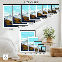 Wall art poster size guide for Aoraki Mount Cook National Park print, multiple sizes shown.