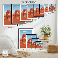 Arches National Park travel poster size guide with multiple framed wall art prints in various dimensions.