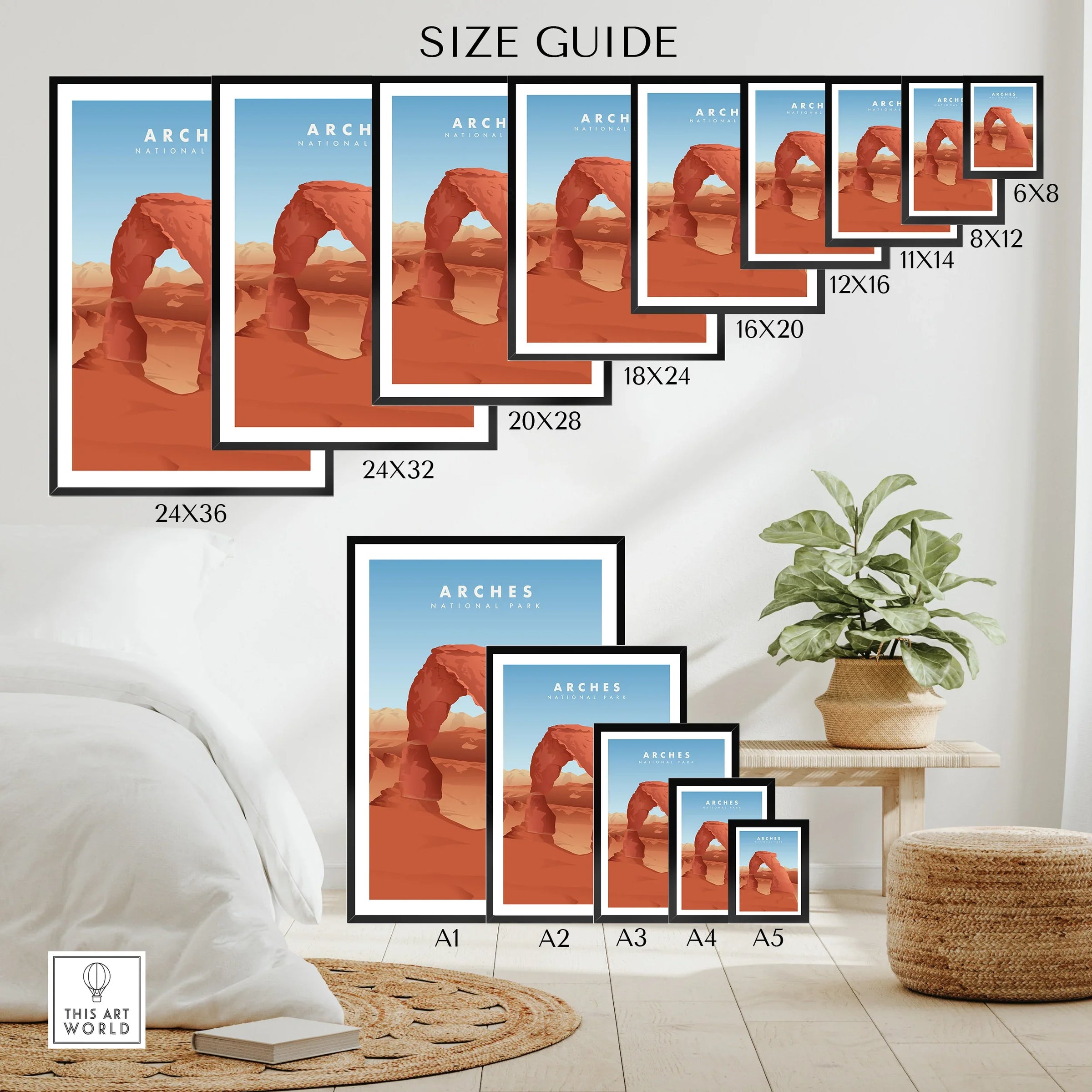 Arches National Park travel poster size guide with multiple framed wall art prints in various dimensions.