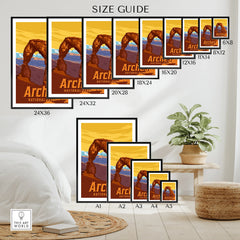 Arches National Park poster size guide with multiple wall art print sizes displayed in a modern room.