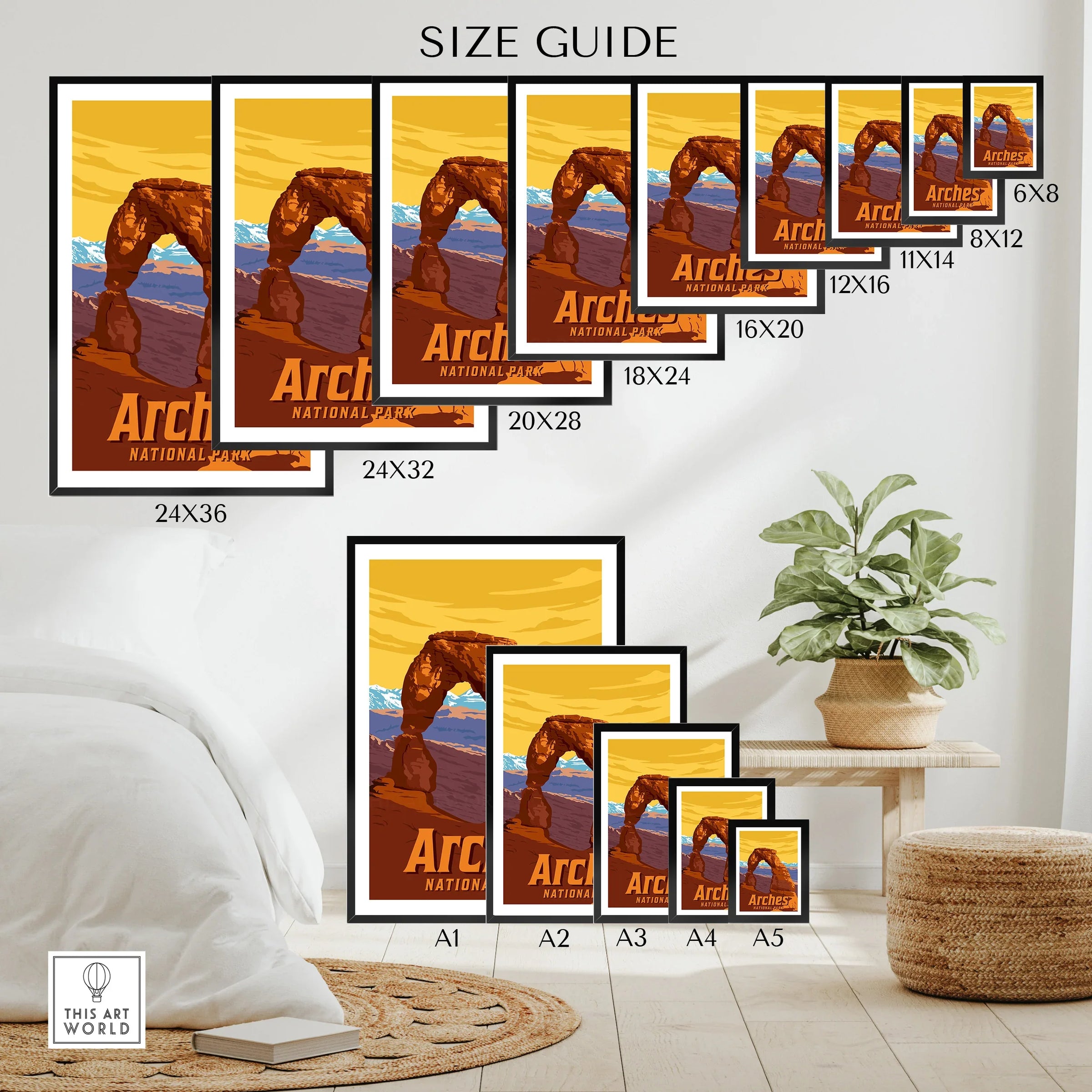 Arches National Park poster size guide with multiple wall art print sizes displayed in a modern room.