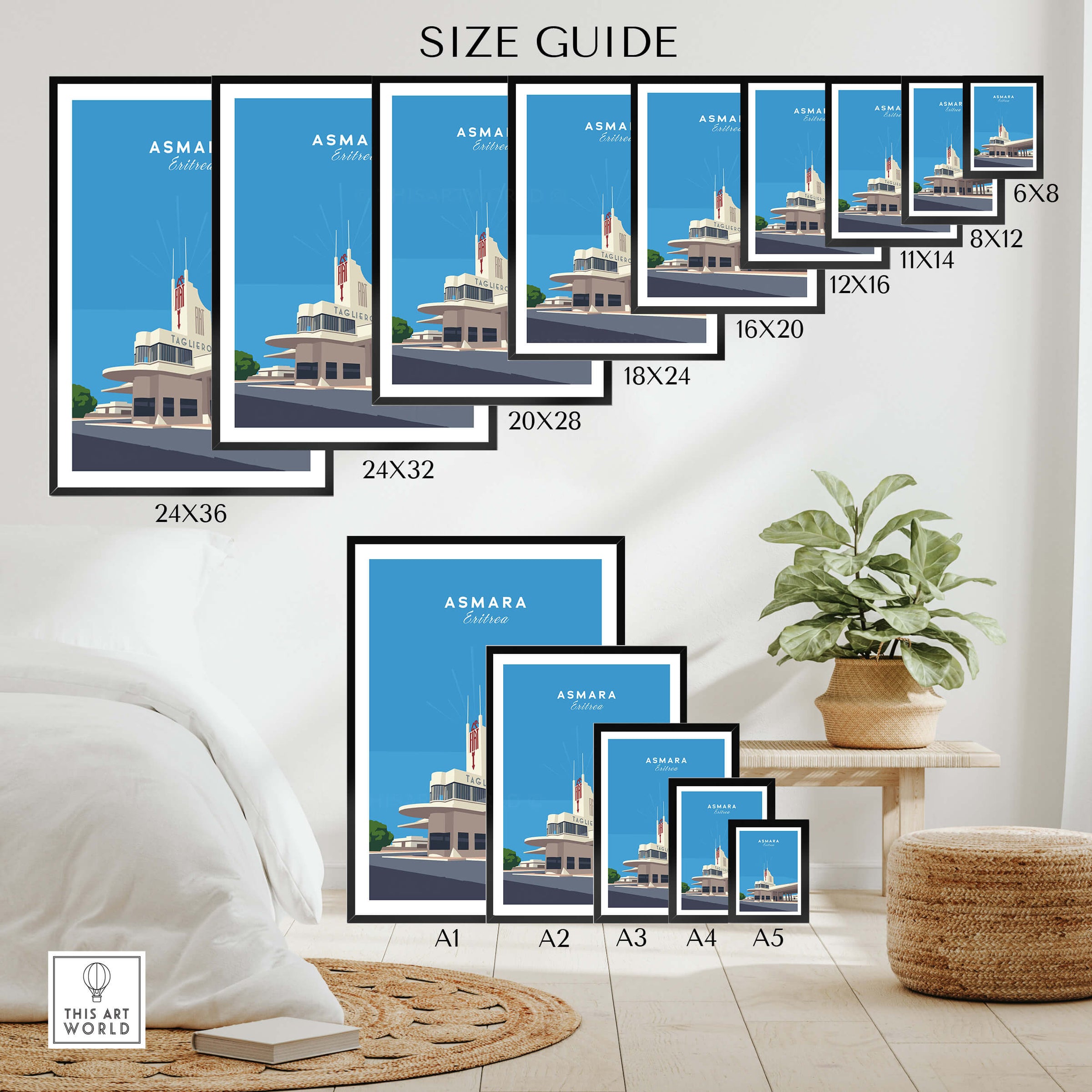 Asmara Travel Poster – Fiat Tagliero Futurist Architecture Art Print size guide with various frame dimensions.