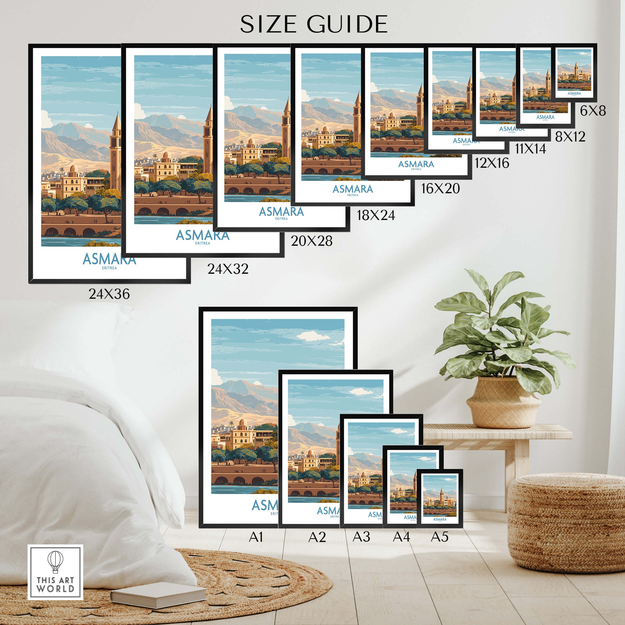 Asmara Eritrea Wall Art – Travel Poster size guide displaying various frame sizes and artwork designs.