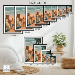 Asmara Travel Poster – Sunset Cityscape Art Print size guide showing various frame sizes.
