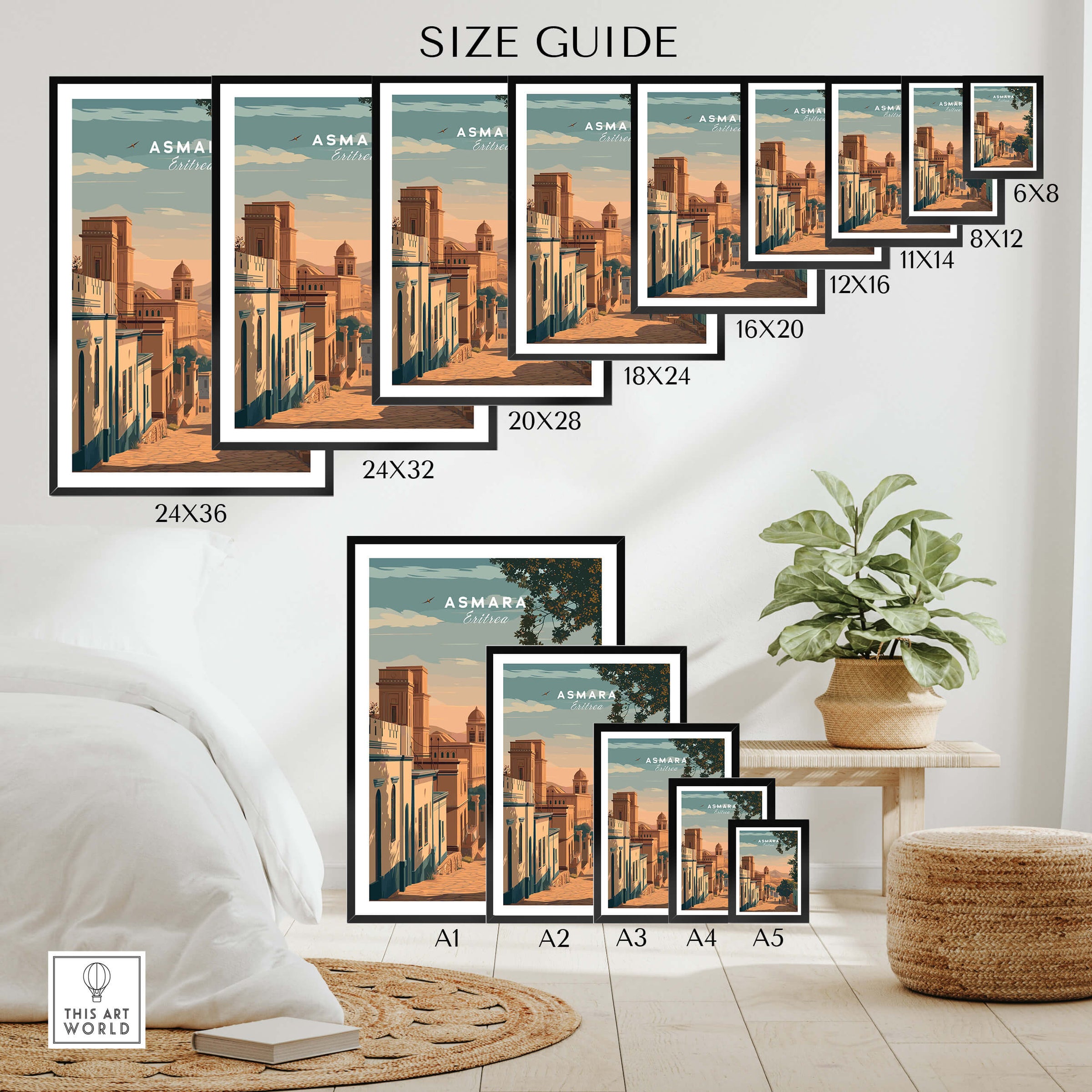 Asmara Travel Poster – Sunset Cityscape Art Print size guide showing various frame sizes.