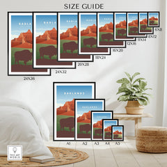 Badlands National Park travel poster wall art size guide with landscape prints displayed in various dimensions above a cozy home interior scene.