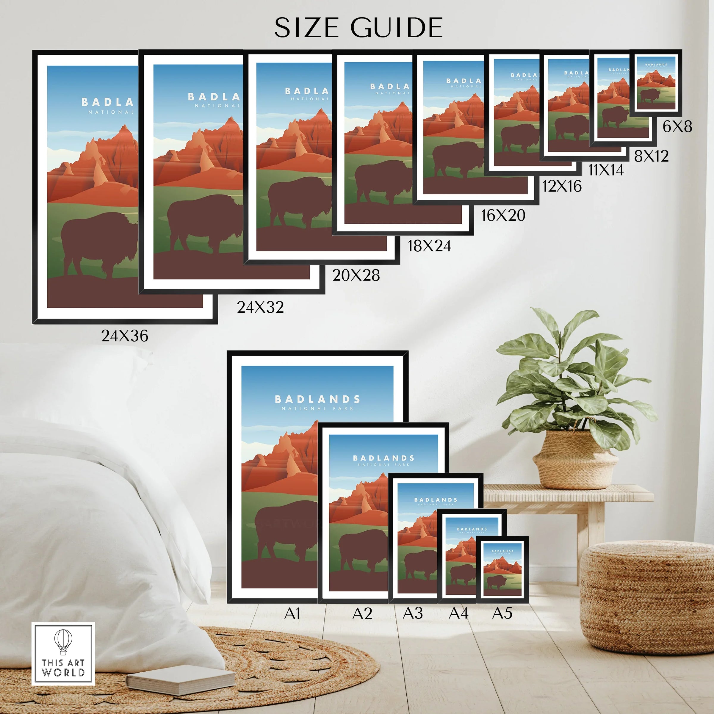 Badlands National Park travel poster wall art size guide with landscape prints displayed in various dimensions above a cozy home interior scene.