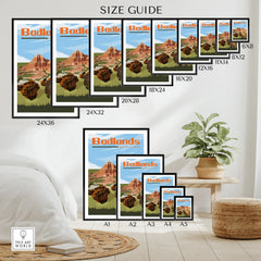 Badlands National Park poster size guide with various framed wall art prints in a modern room