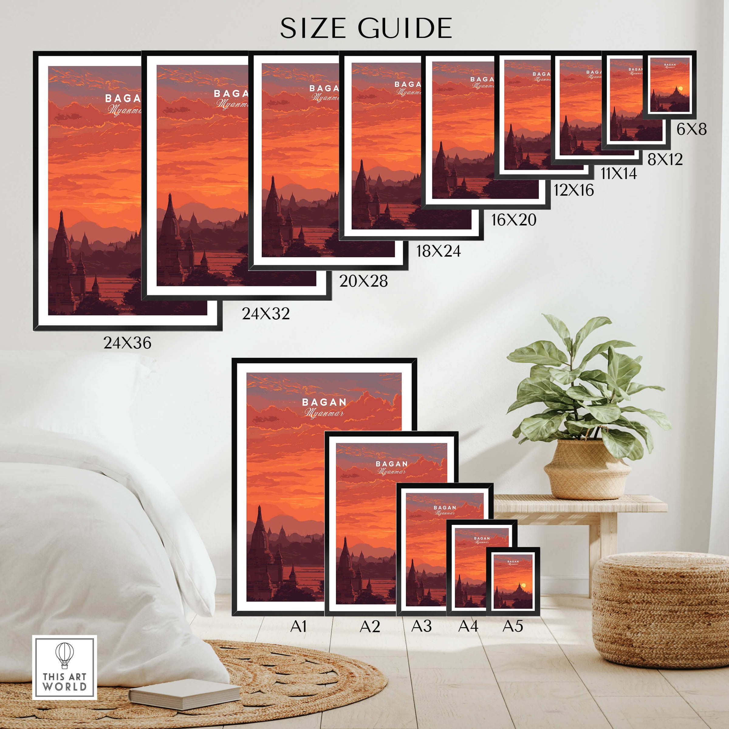 Bagan Travel Poster – Myanmar Ancient Temple Sunset Art size guide displaying various frame dimensions.