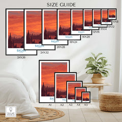 Bagan Myanmar Wall Art – Buddhist Pagoda Skyline Canvas Print size guide showcasing various frame sizes.