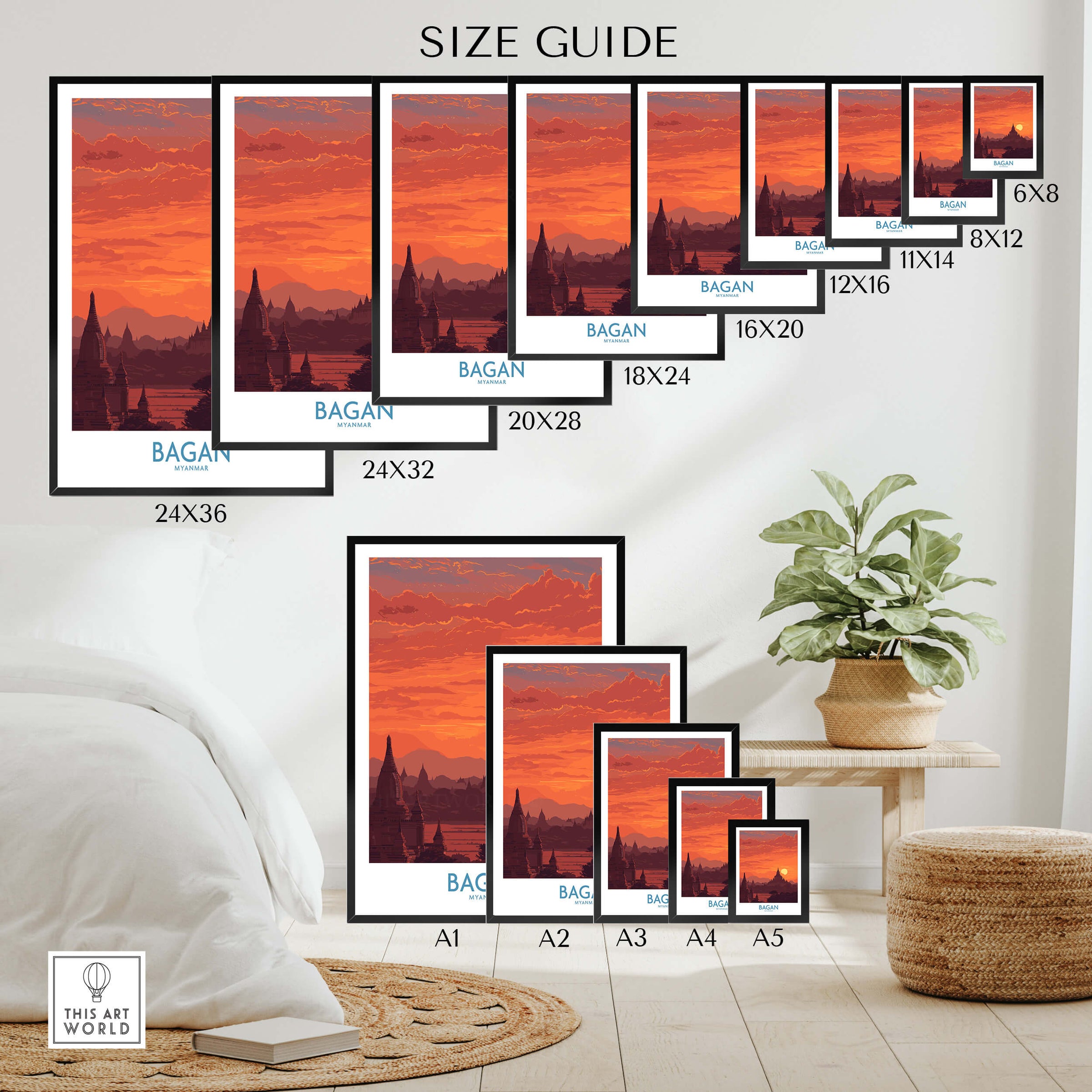 Bagan Myanmar Wall Art – Buddhist Pagoda Skyline Canvas Print size guide showcasing various frame sizes.