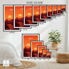 Bagan Travel Poster – Minimalist Temple Wall Art size guide with various print dimensions displayed.