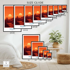 Bagan Myanmar Print – Traditional Pagoda Wall Art size guide with various frame sizes displayed.