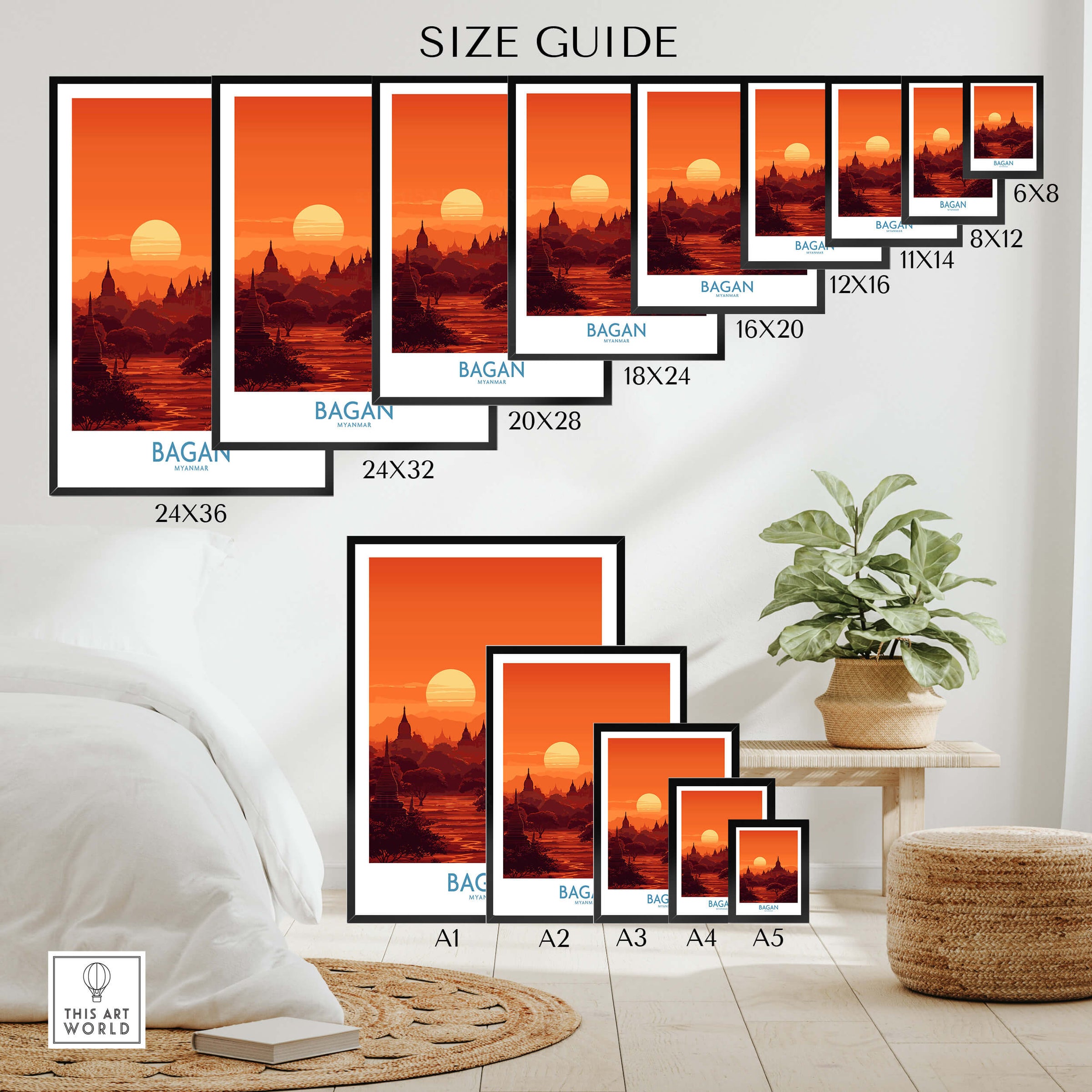 Bagan Myanmar Print – Traditional Pagoda Wall Art size guide with various frame sizes displayed.