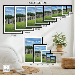 Balmoral Castle Scotland wall art poster size guide, various print sizes displayed on wall.
