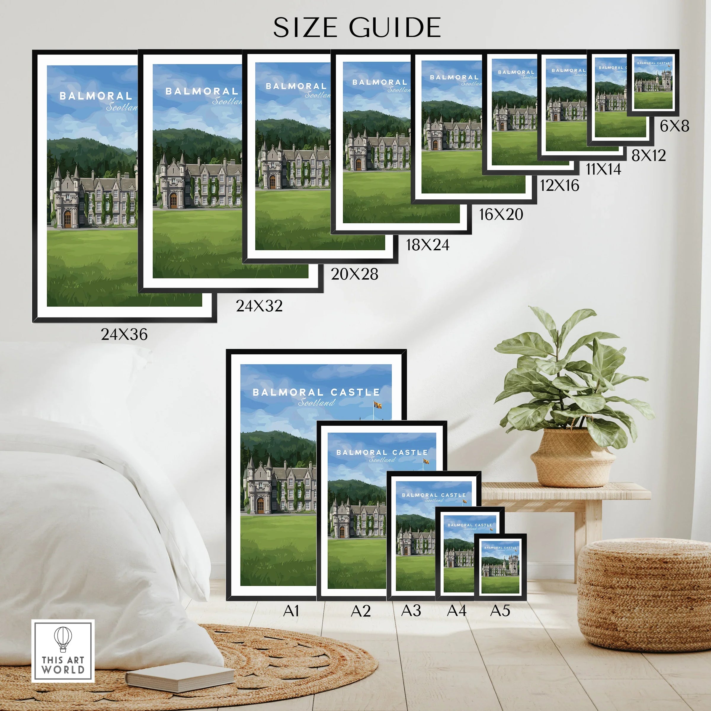 Balmoral Castle Scotland wall art poster size guide, various print sizes displayed on wall.