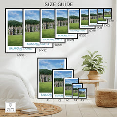 Wall art poster size guide showing Balmoral Castle travel print in various frame dimensions.
