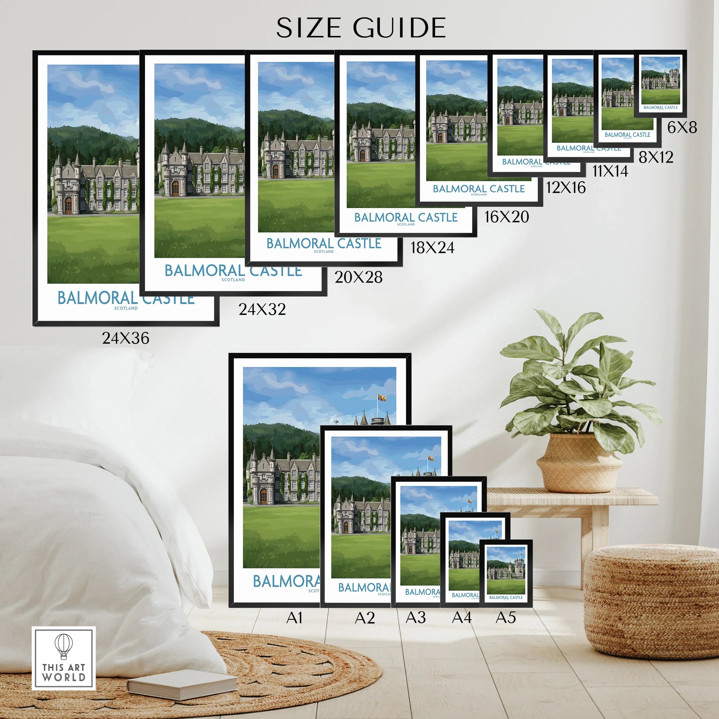 Wall art poster size guide showing Balmoral Castle travel print in various frame dimensions.