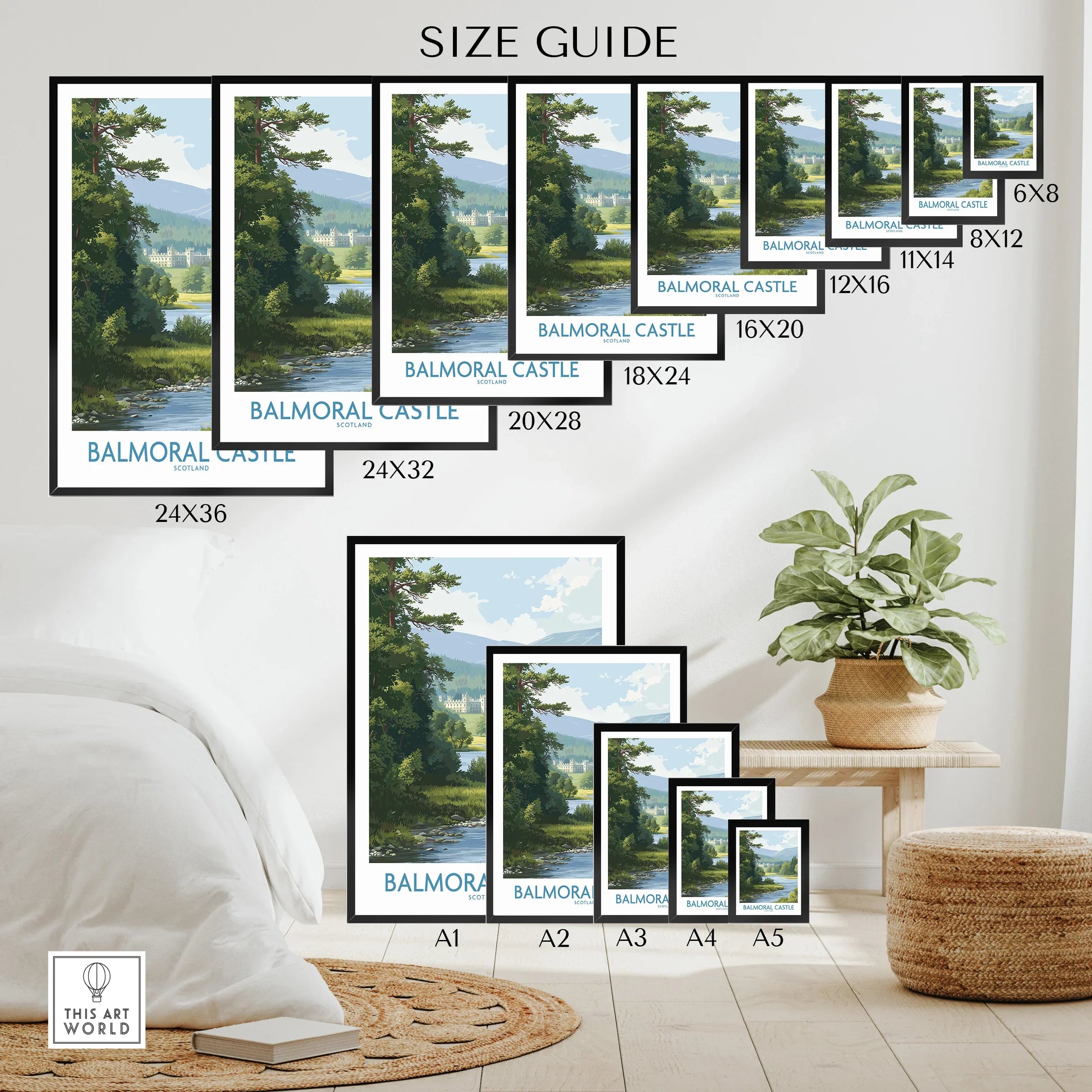 Balmoral Castle wall art size guide showing various travel poster print dimensions on a bedroom wall.