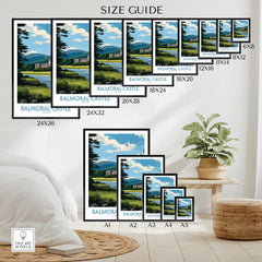 Balmoral Castle travel poster size guide with scenic landscape art, various print sizes shown.