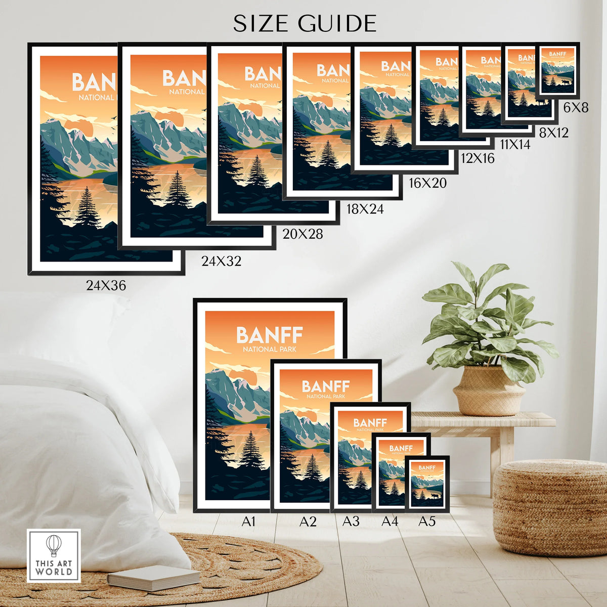 Banff National Park wall art poster size guide with various print dimensions displayed in a modern room.