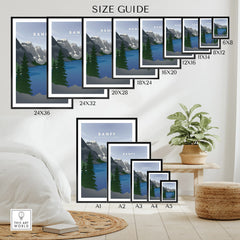 Wall art poster size guide featuring Banff National Park landscape with mountains and lake.