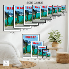 Banff National Park wall art poster size guide with framed travel prints, various print sizes displayed in modern home decor setting.