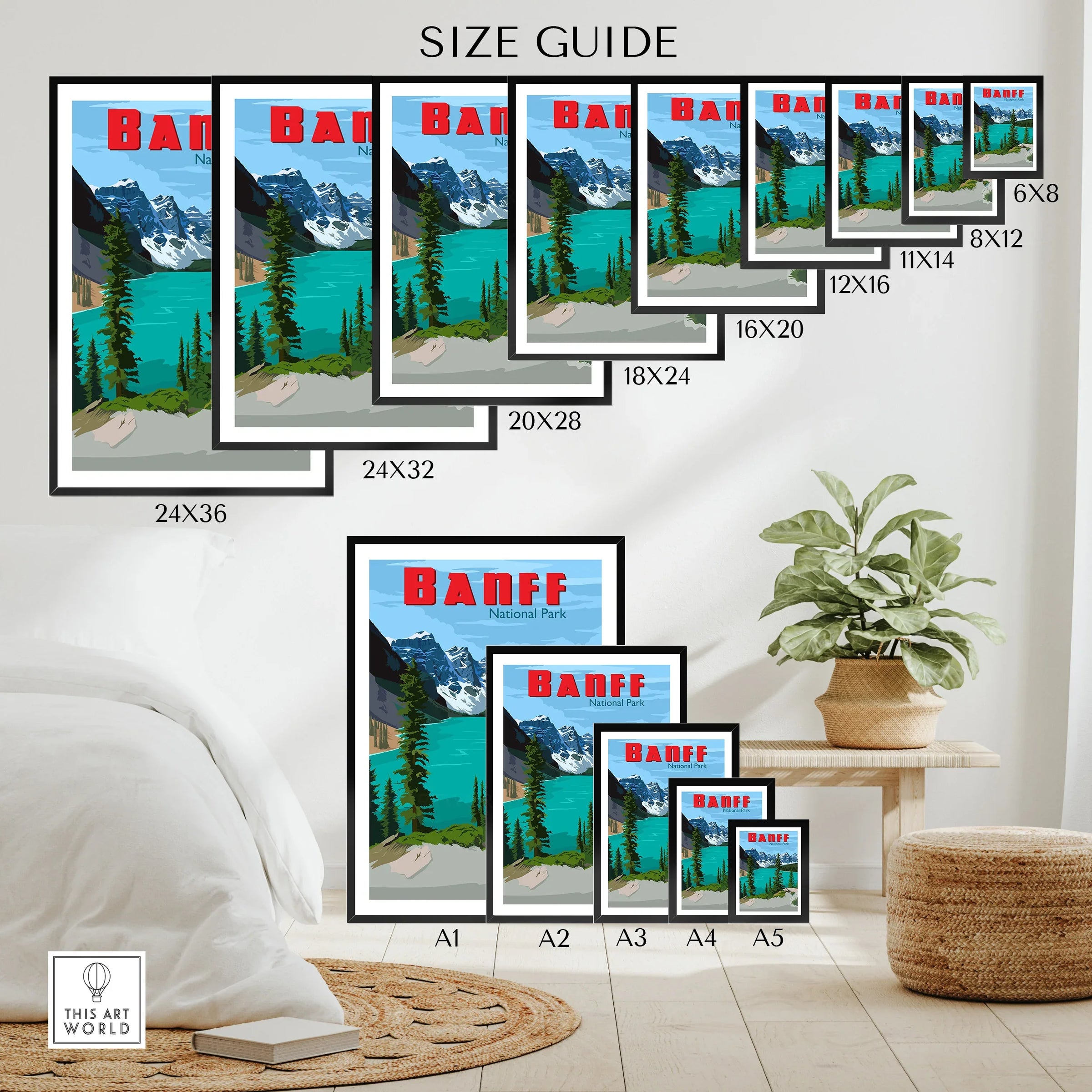 Banff National Park wall art poster size guide with framed travel prints, various print sizes displayed in modern home decor setting.