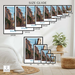 Beaune France Wall Art – Village Print size guide with various frame sizes and wall display options.