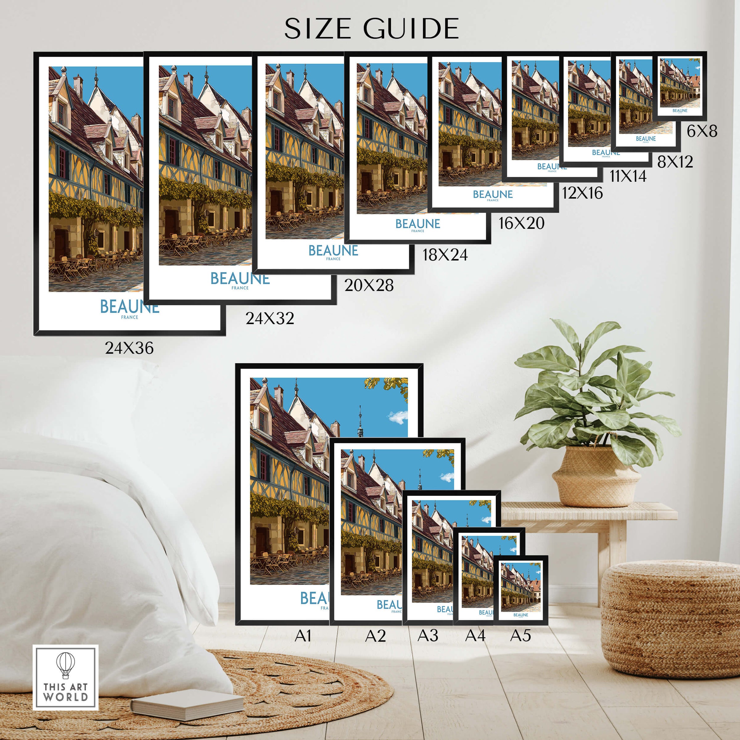 Beaune France Print – Hospices de Beaune Wall Art size guide showing various print dimensions.