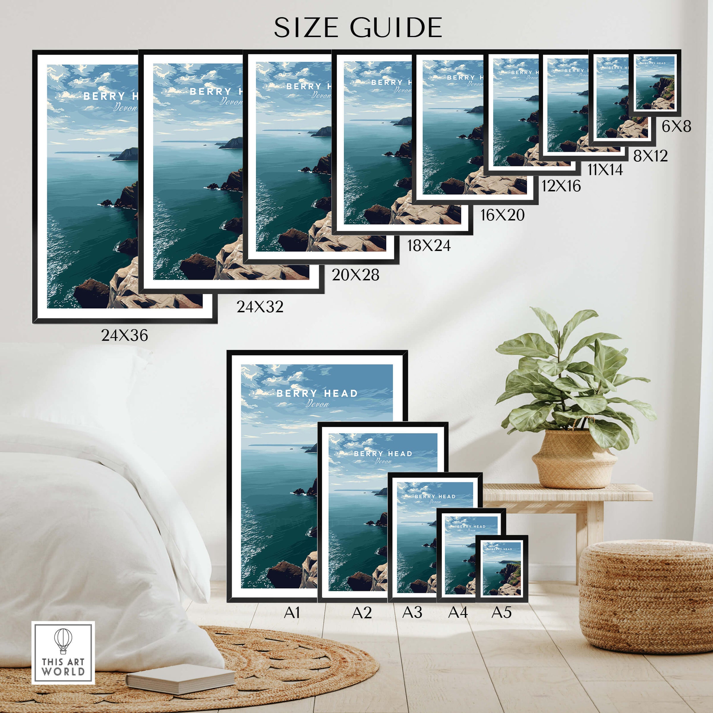 Berry Head Travel Poster – Devon Coastal Cliffs and Ocean View Print size guide showing different frame sizes.