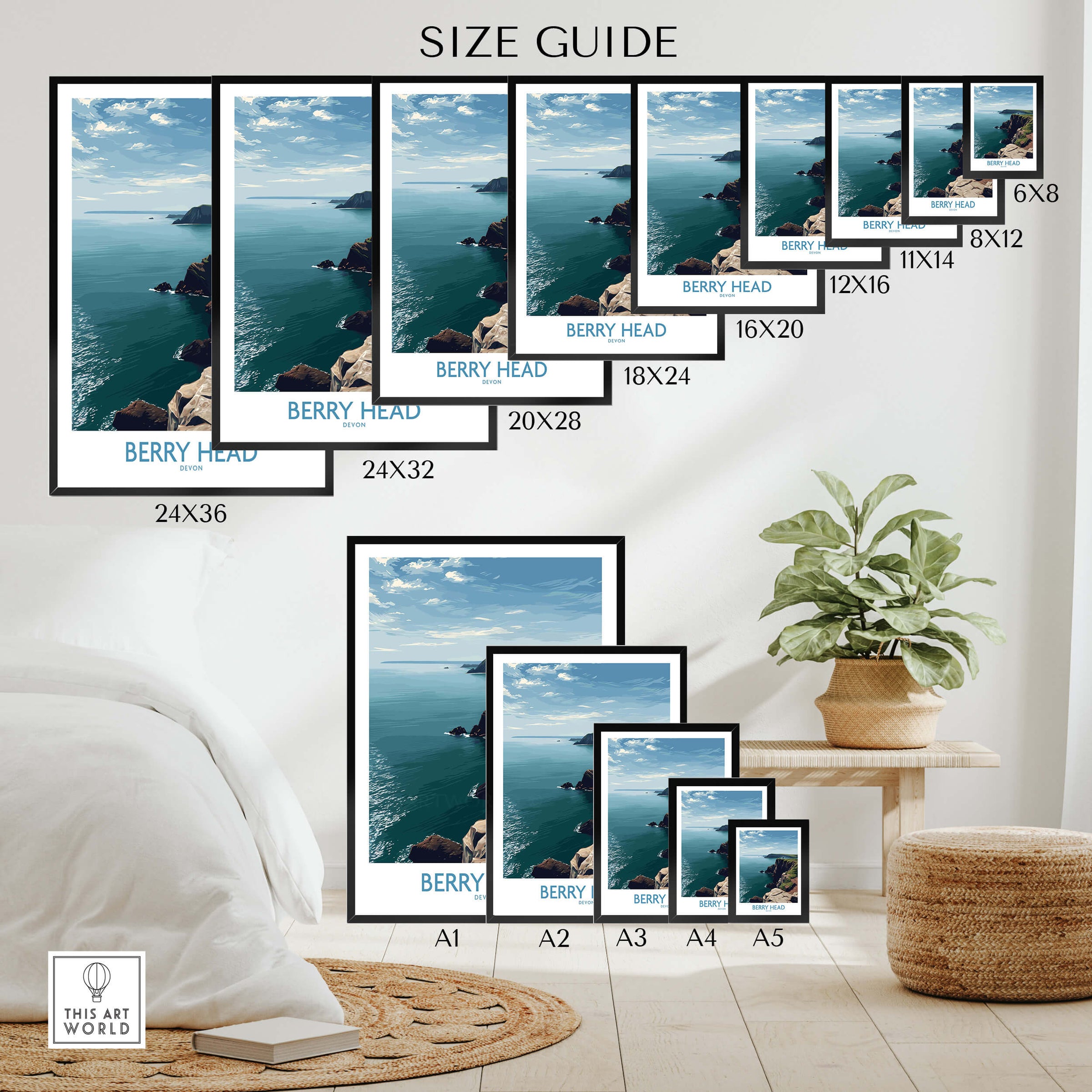 Berry Head Devon Wall Art – English Coast Print size guide showing various frame sizes and styles for home decor.