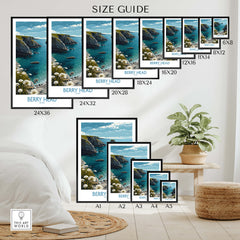Berry Head Devon Print – Rocky Cliffs and Turquoise Sea Wall Decor size guide displaying various frame sizes.