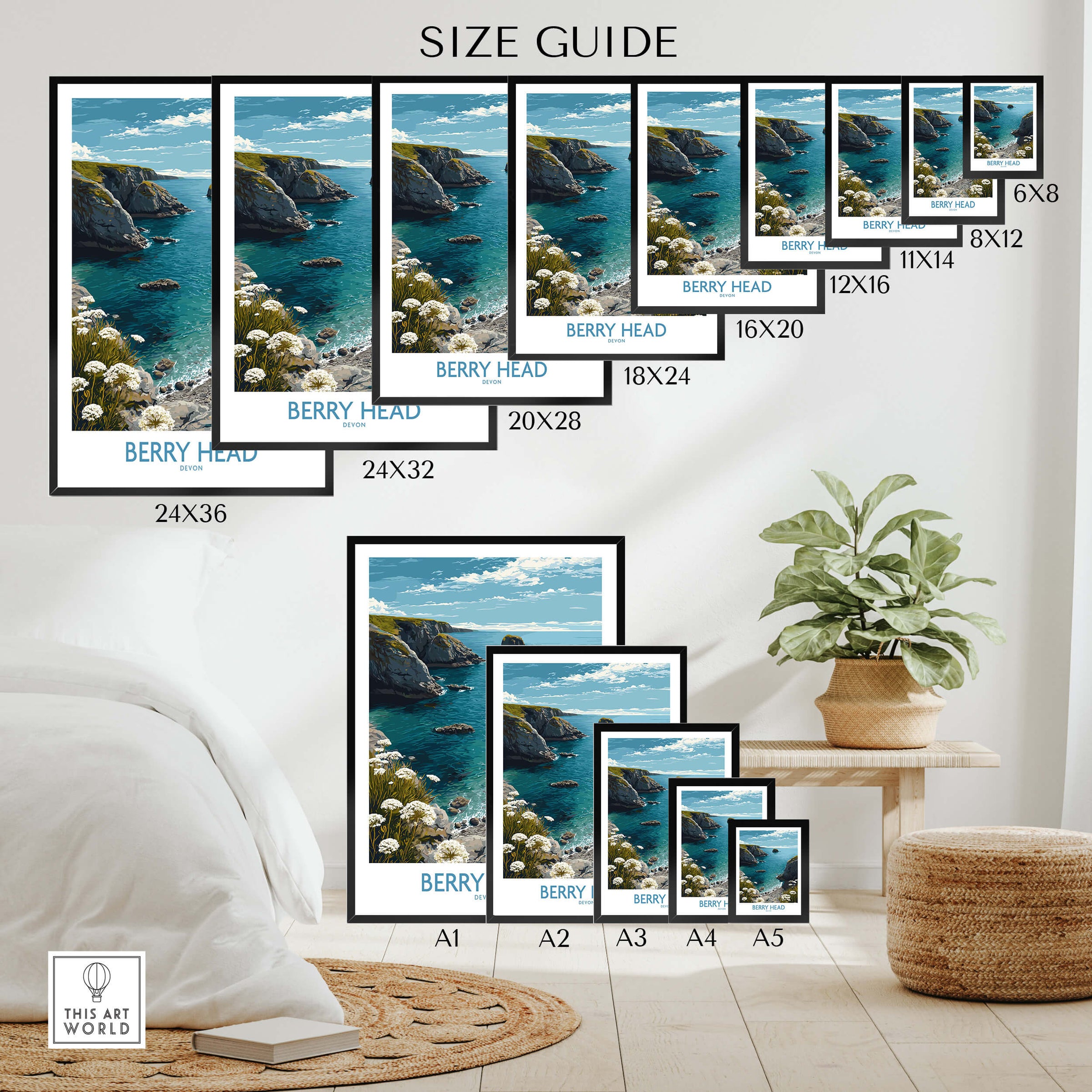 Berry Head Devon Print – Rocky Cliffs and Turquoise Sea Wall Decor size guide displaying various frame sizes.