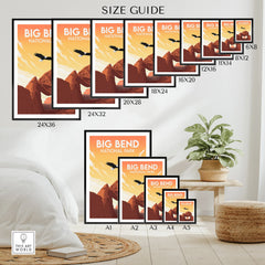 Big Bend National Park wall art poster size guide with landscape illustration and various print sizes displayed in a modern room.