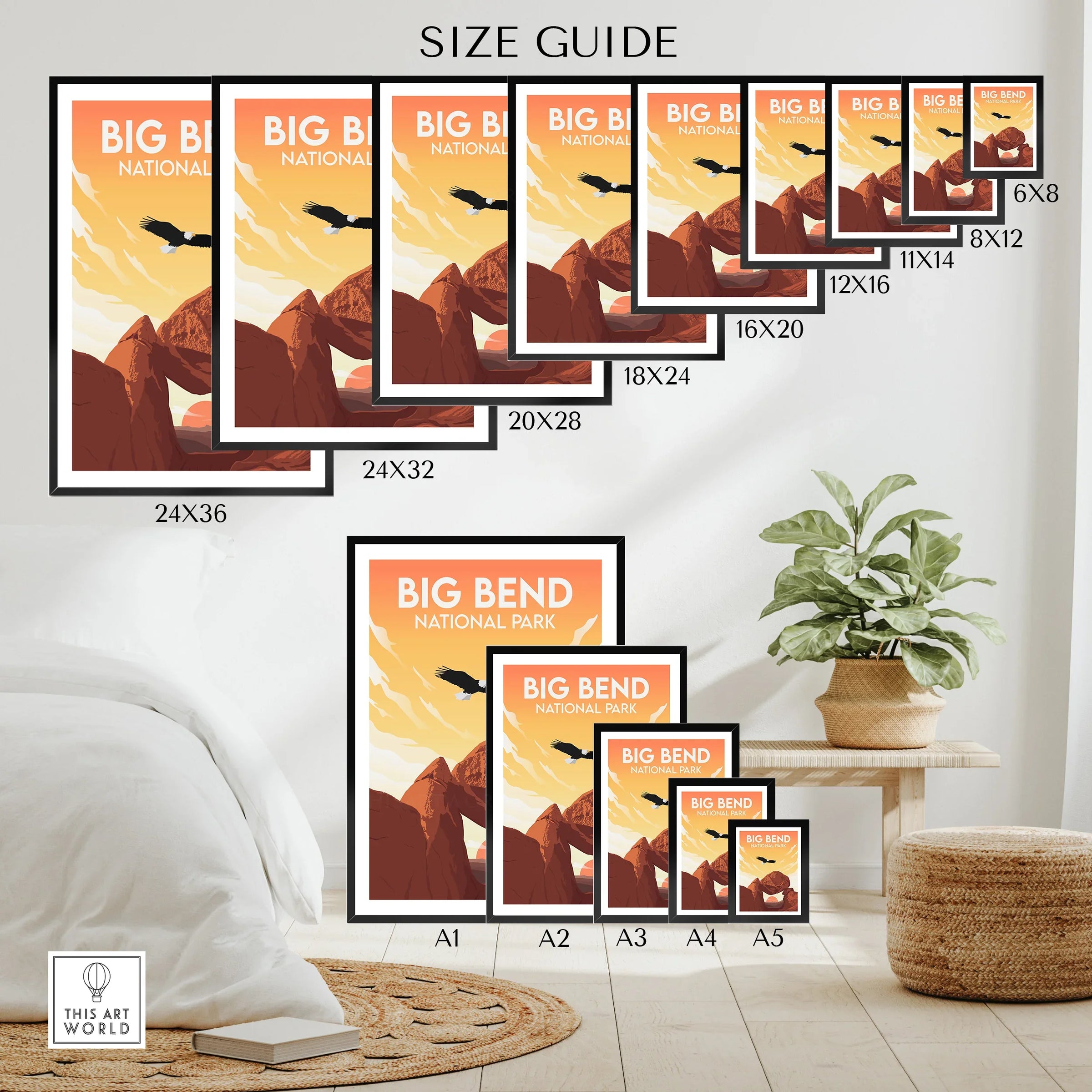 Big Bend National Park wall art poster size guide with landscape illustration and various print sizes displayed in a modern room.