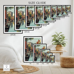 Wall art poster size guide featuring Birmingham canal travel art print, various sizes, bedroom decor