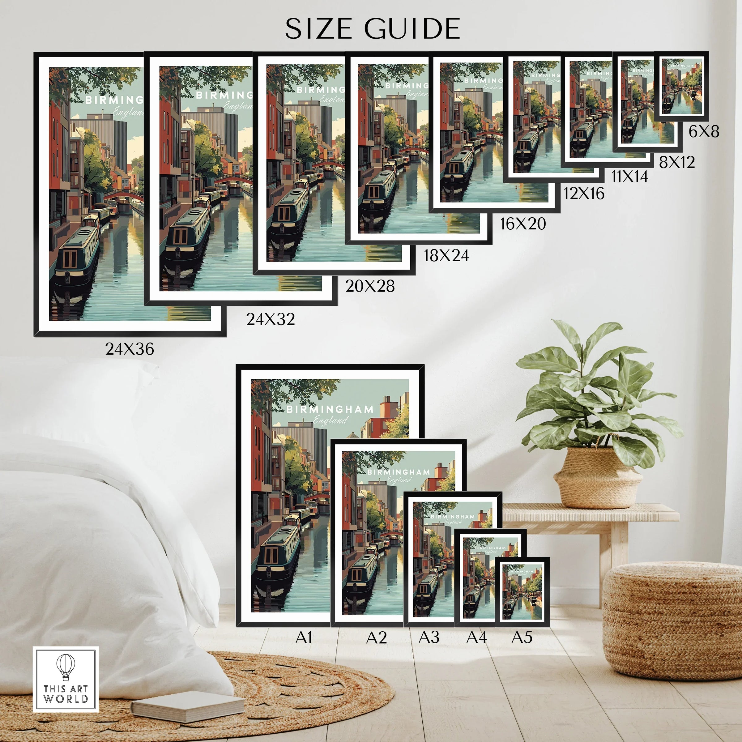Wall art poster size guide featuring Birmingham canal travel art print, various sizes, bedroom decor
