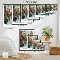 Wall art poster size guide featuring Birmingham city skyline canal print in various sizes.