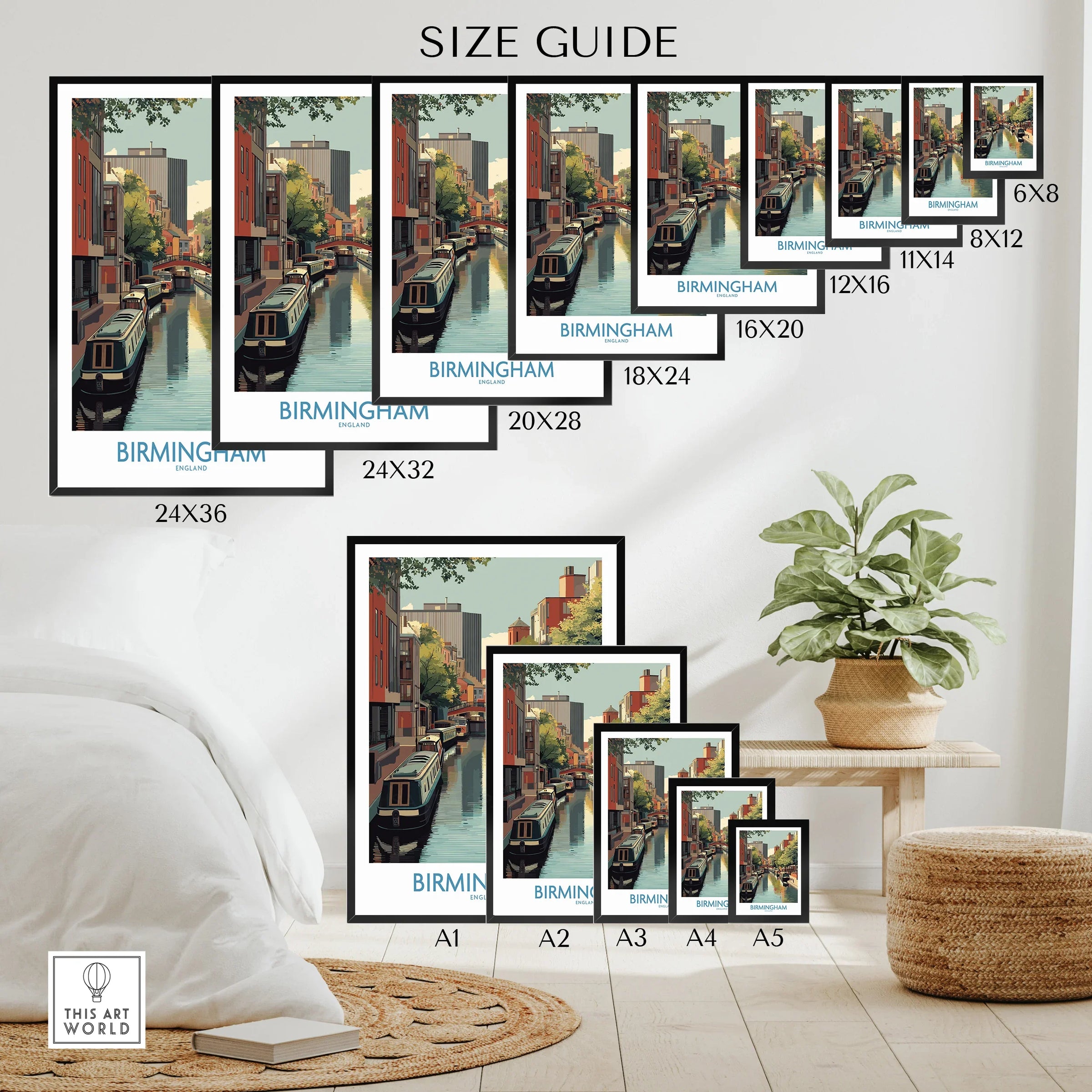 Wall art poster size guide featuring Birmingham city skyline canal print in various sizes.