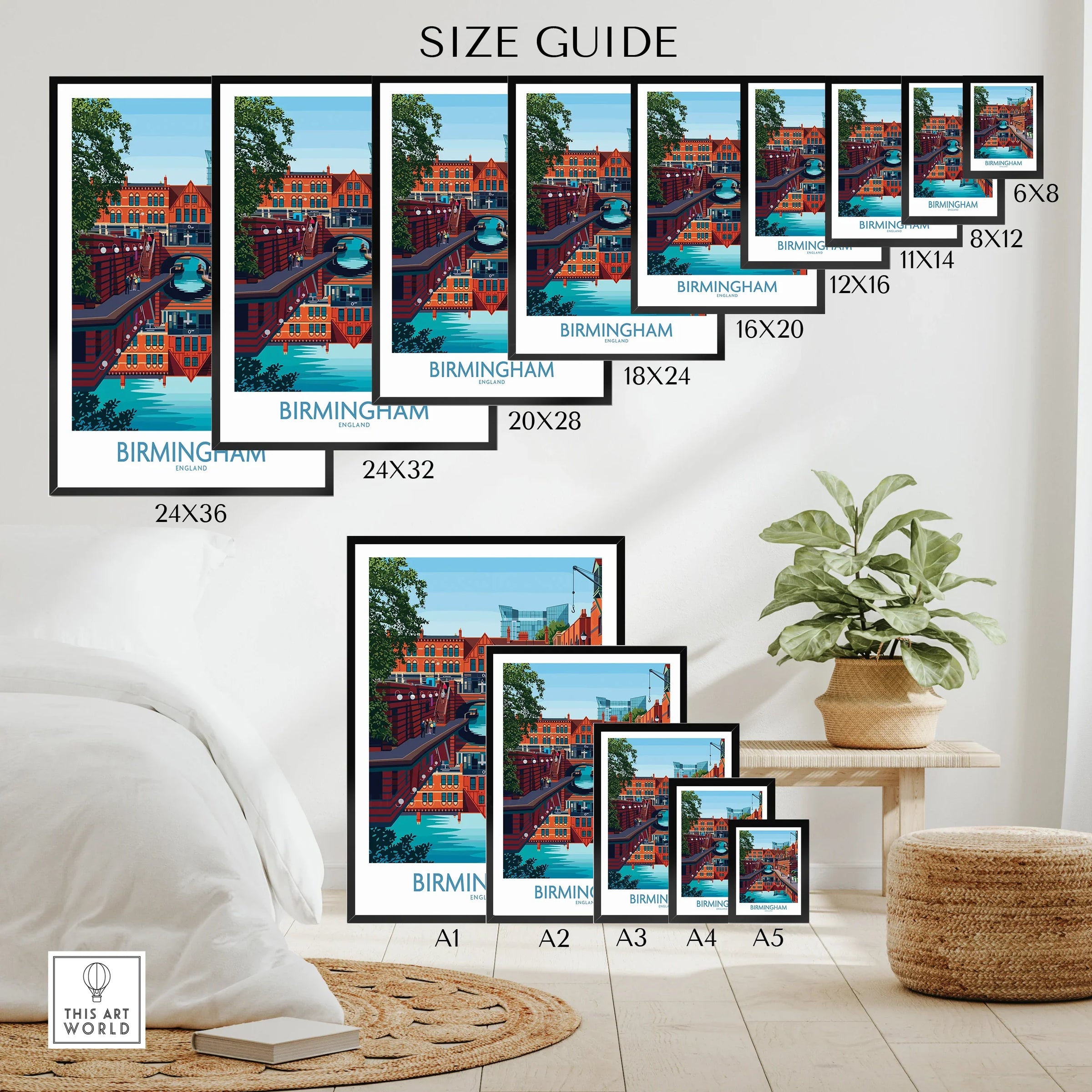 Birmingham wall art poster size guide showing various print sizes in a modern home setting.