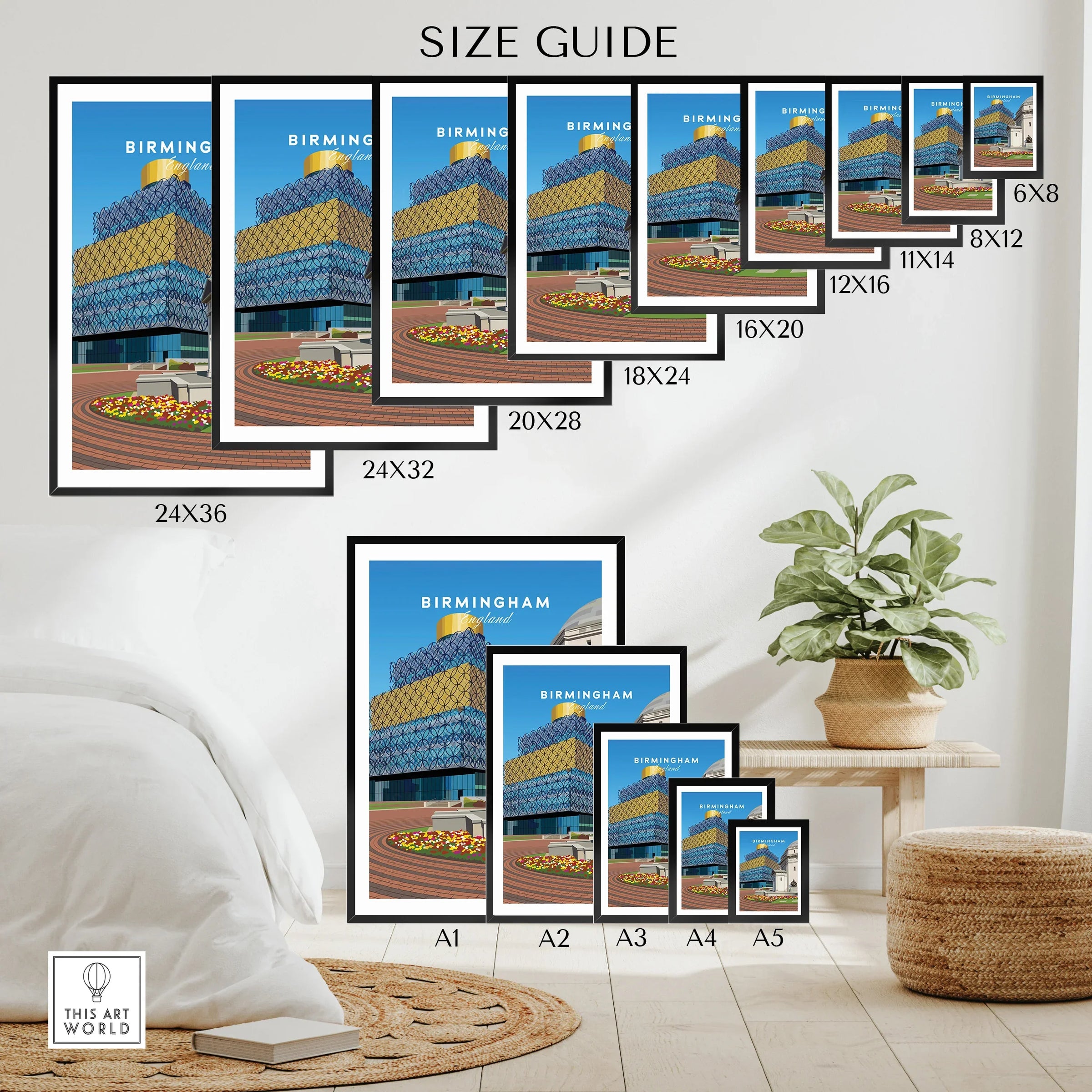 Wall art poster size guide showing Birmingham city skyline print in various frame sizes above bedroom decor with plant and bench.