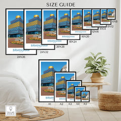 Birmingham skyline wall art poster size guide with various print sizes shown in a modern room.